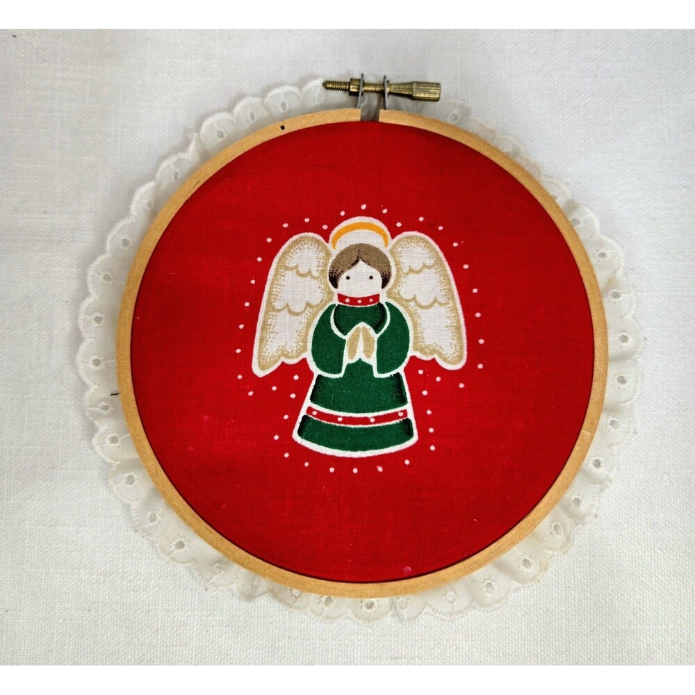Vintage Christmas Angel Embroidery Hoop Art Handmade Lace Trim Holiday Decor 7"